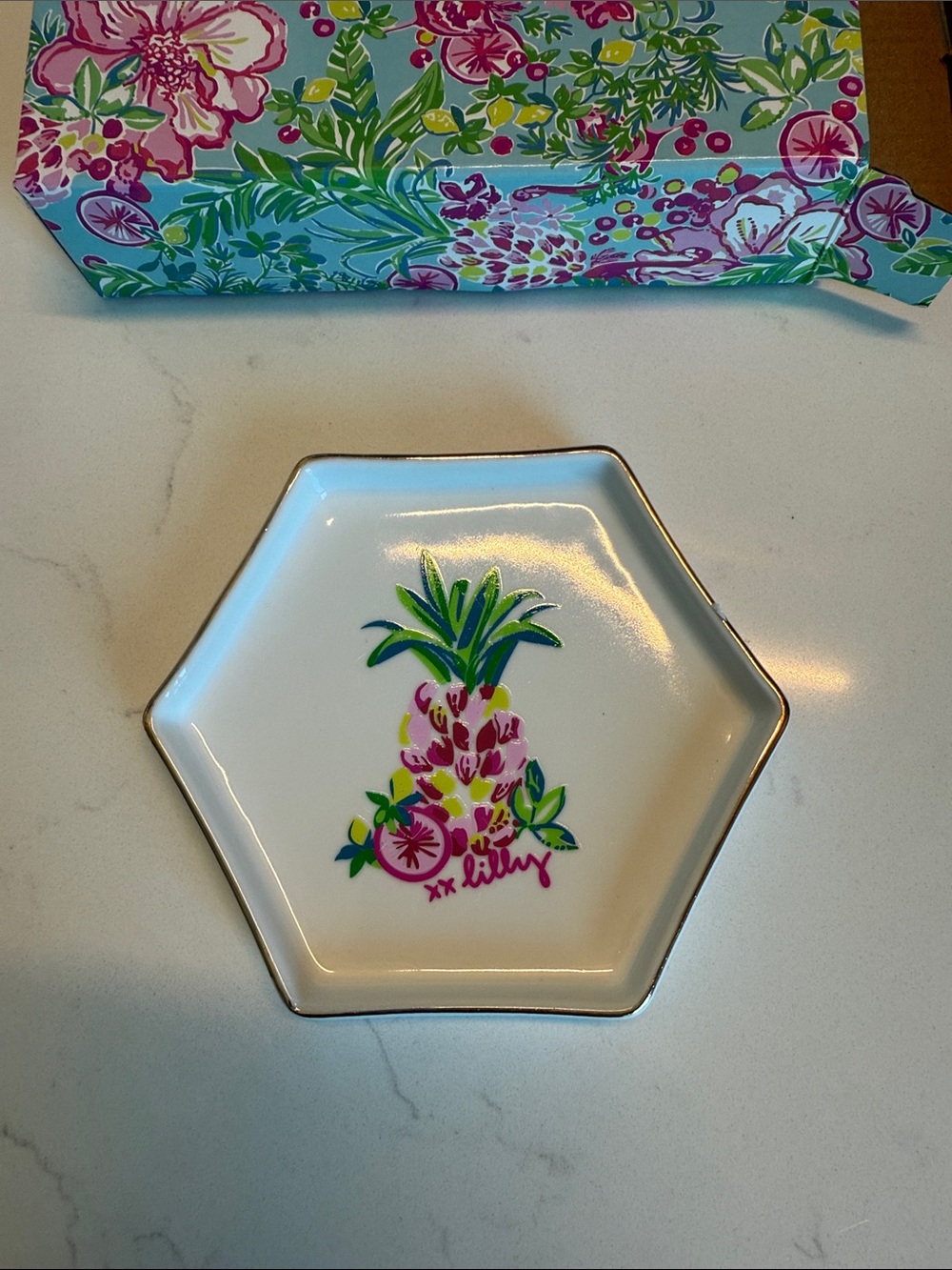 Lilly Pulitzer White Hexagonal Pineapple Trinket Dish